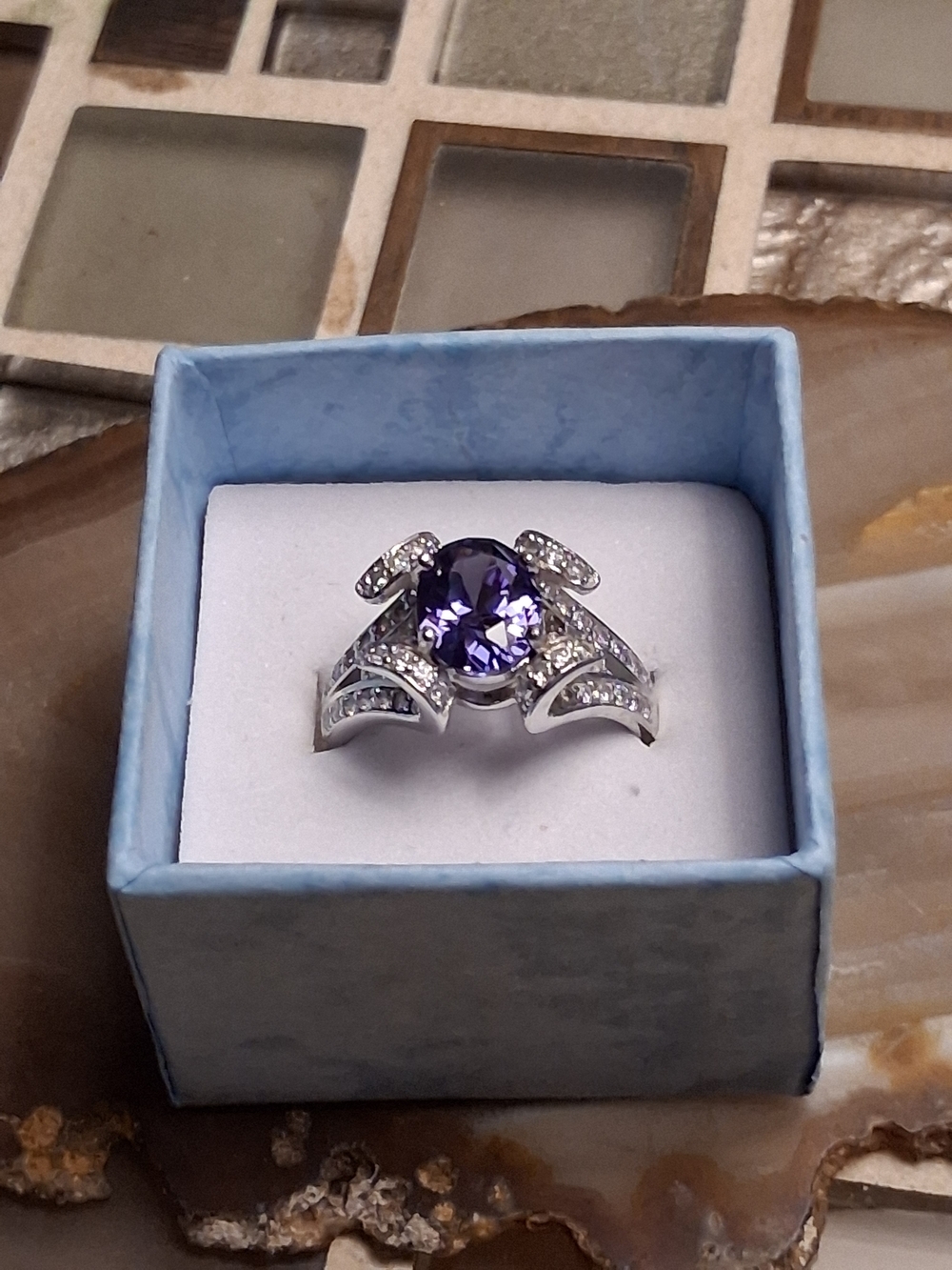 Sterling-Style Purple Center Stone Ring with Clear Accent Stones